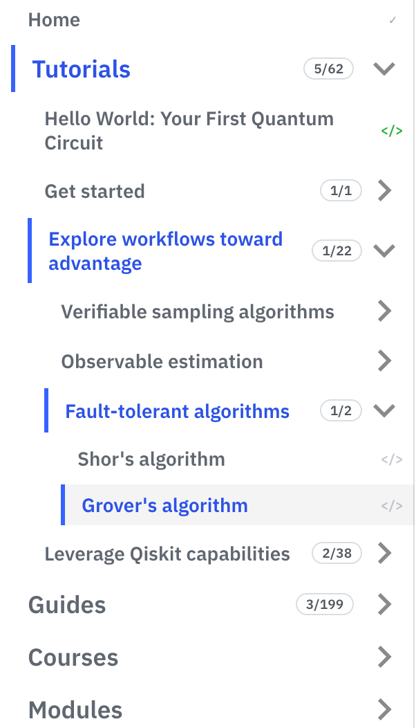 The sidebar with progress counters per section and marks on read and run pages.