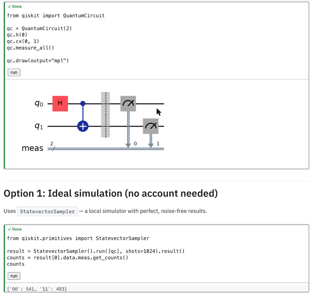 A tutorial page with live code cells: a cell has just run and shows its output.