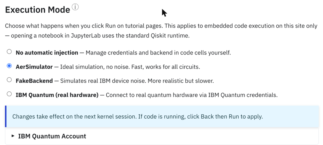 The Execution Mode setting: AerSimulator, FakeBackend or IBM Quantum real hardware.